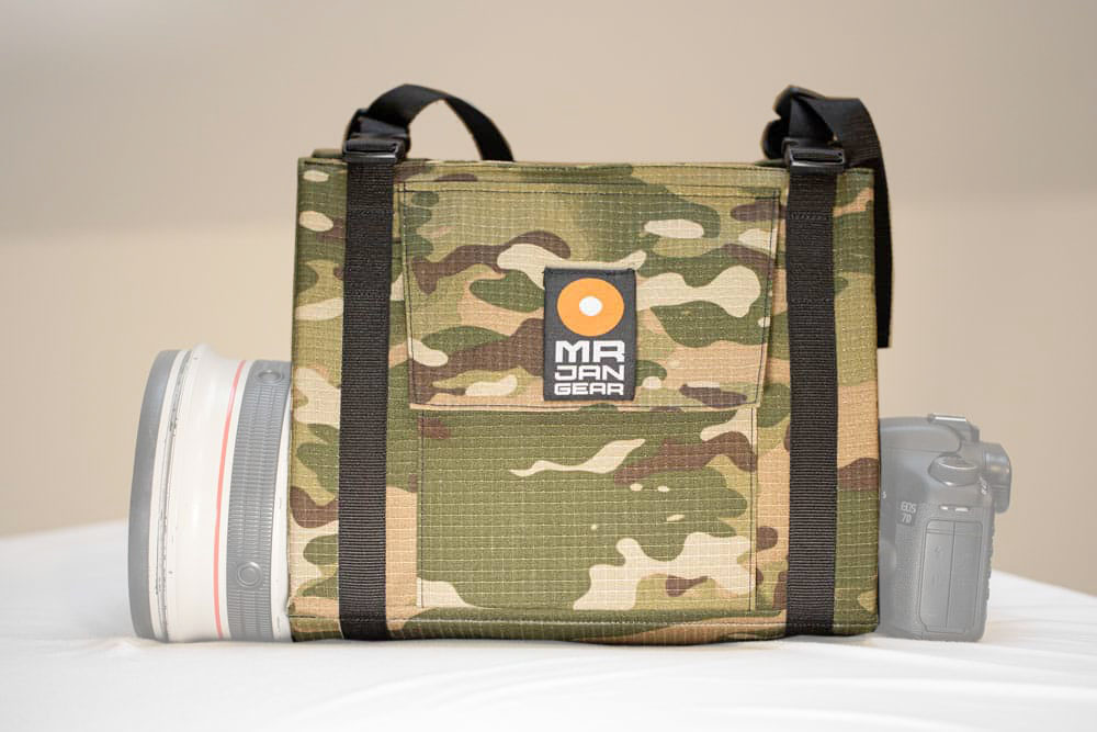 MR JAN GEAR Lens Carrier System, Tragesystem für lange Teleobjektive mit Tarnmuster Khaki Camo - Stormjacket Farbe: Khaki Camo