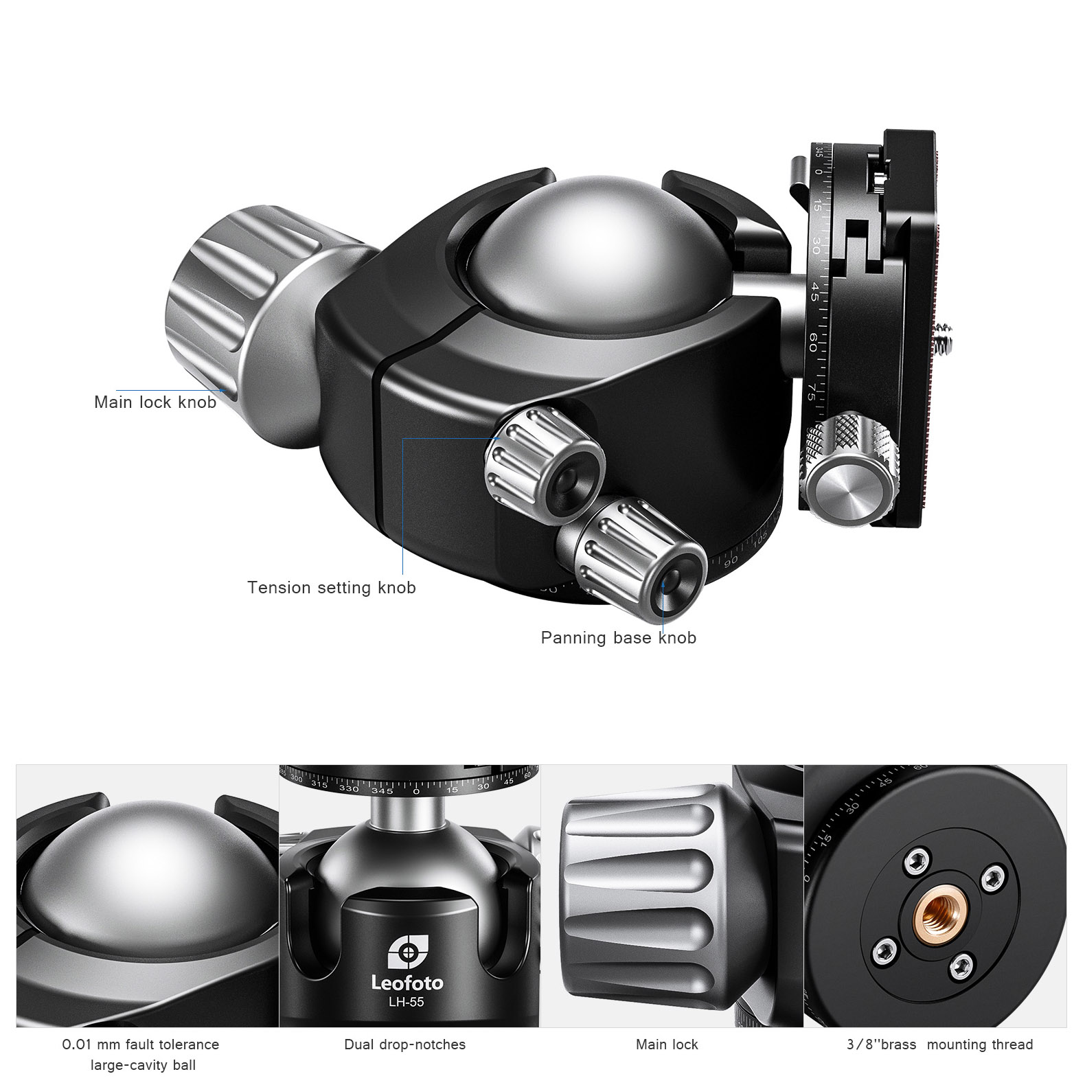 Leofoto LH-55R Kugelkopf mit Panorama-Klemme & NP-60 Kameraplatte