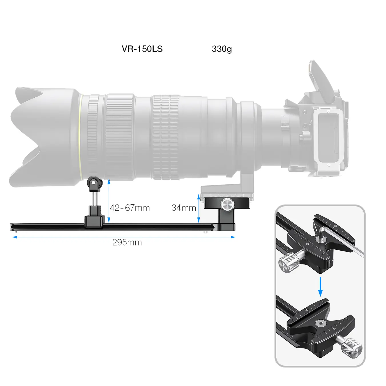 Leofoto VR-150LS rail téléobjectif à double pivot avec pince à dégagement rapide (295 mm de long)