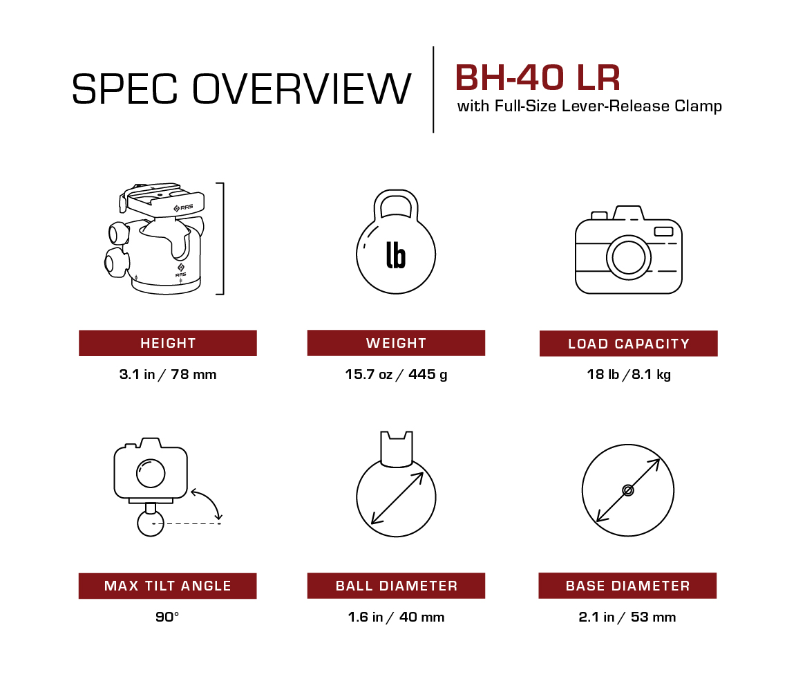 Really Right Stuff BH-40 LR medium ball head with compact B2-40 LR lever quick-release clamp  - RRS clamp/platform: with B2-40 LR lever release clamp
