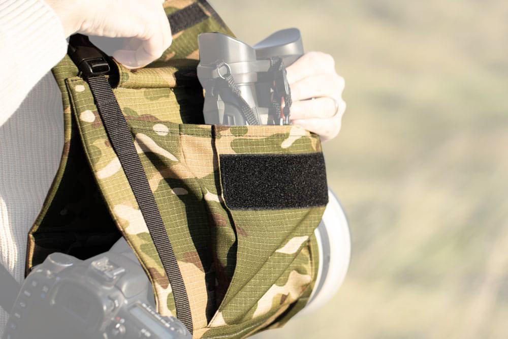 MR JAN GEAR Lens Carrier System, Tragesystem für lange Teleobjektive mit Tarnmuster Khaki Camo - Stormjacket Farbe: Khaki Camo