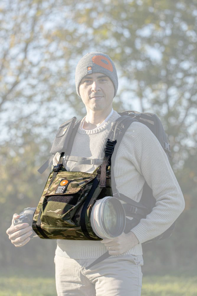 MR JAN GEAR Lens Carrier System, Tragesystem für lange Teleobjektive mit Tarnmuster Khaki Camo