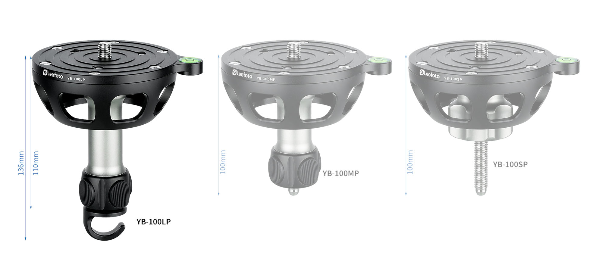 Leofoto YB-100LP Nivellier-Kalotte für 100 mm Halbschalenaufnahmen langer Griff + Haken - Leofoto Griff-Option: langer Griff + Haken