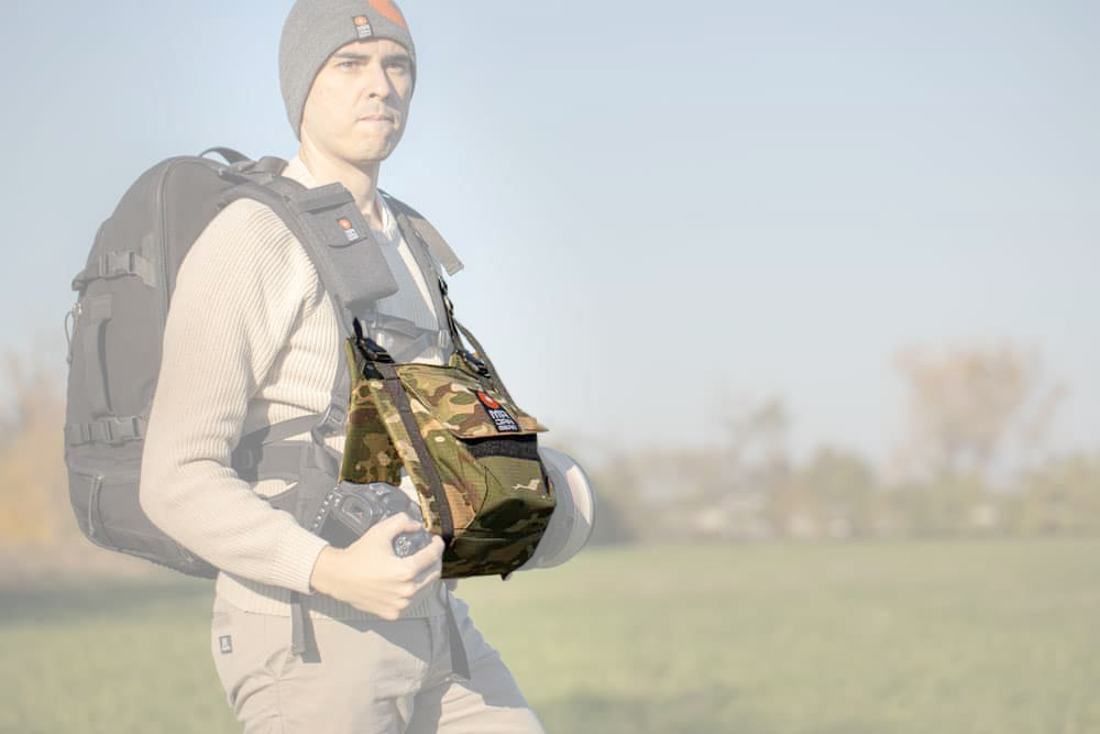 MR JAN GEAR Lens Carrier System, Tragesystem für lange Teleobjektive mit Tarnmuster Khaki Camo - Stormjacket Farbe: Khaki Camo