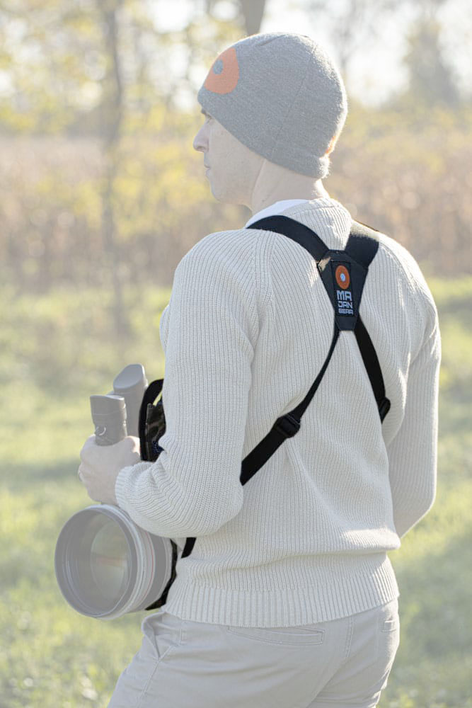 MR JAN GEAR Lens Carrier System, Tragesystem für lange Teleobjektive mit Tarnmuster Khaki Camo - Stormjacket Farbe: Khaki Camo