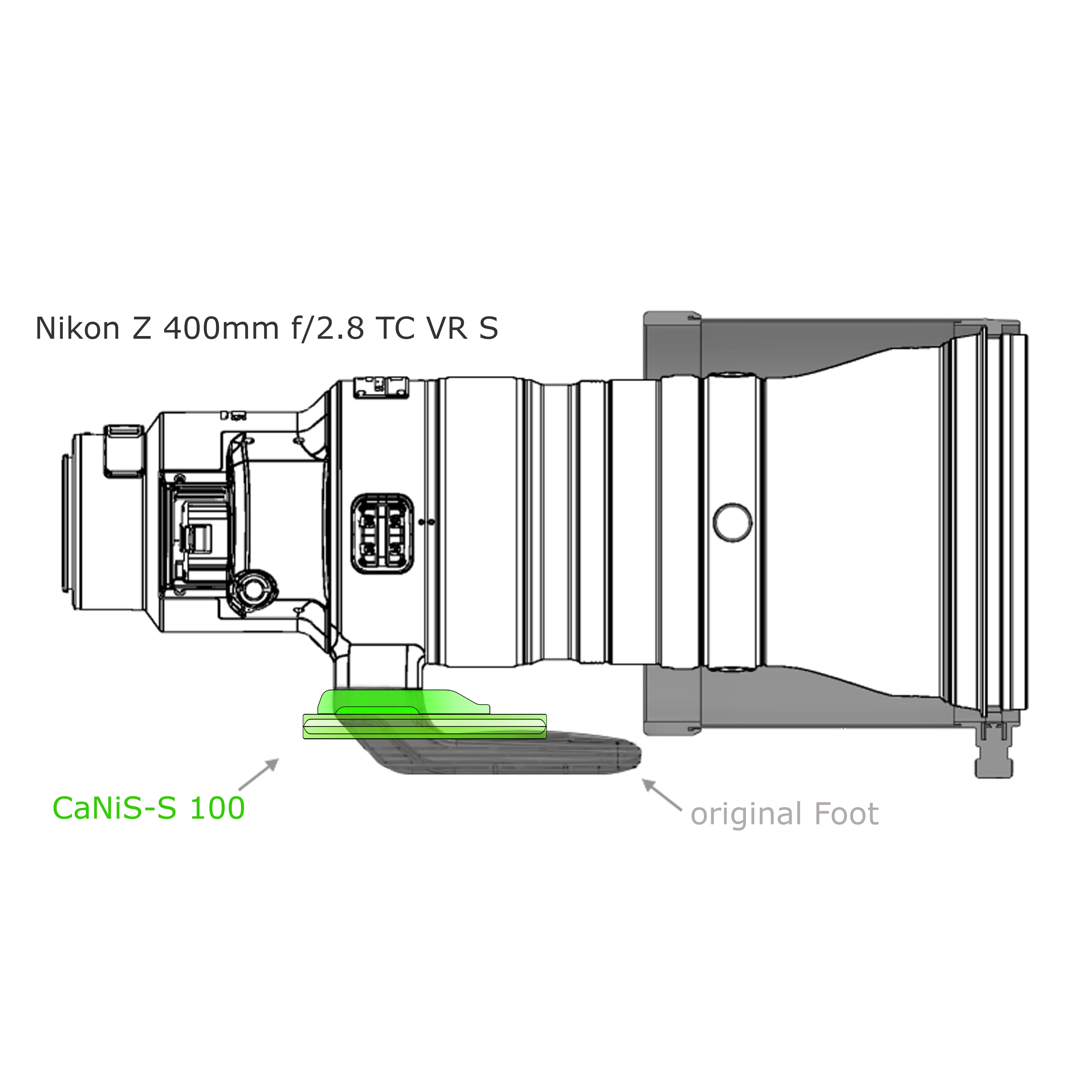 Modular flat lens replacement foot CaNiS-S 100 for telephoto lenses Nikon-Canon-Sony-Sigma OP-100 (100 mm) 2 x QD - CaNiS-S (flat) - Lens base: Canon / Nikon / Sony / Sigma (flat) | Lens plate: OP-100 (100 mm) 2 x QD