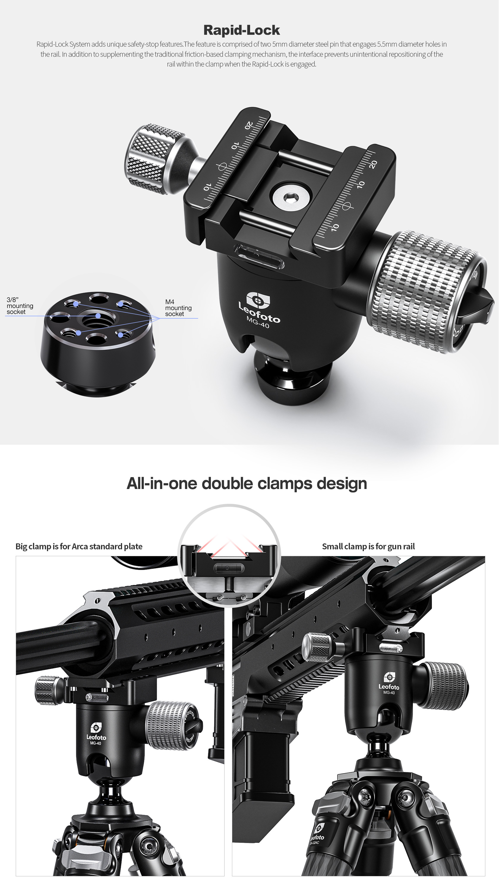 Leofoto MG-40 Kugelkopf MG-40 mit Aufnahme für Arca-Style -& Picatinny-Profil